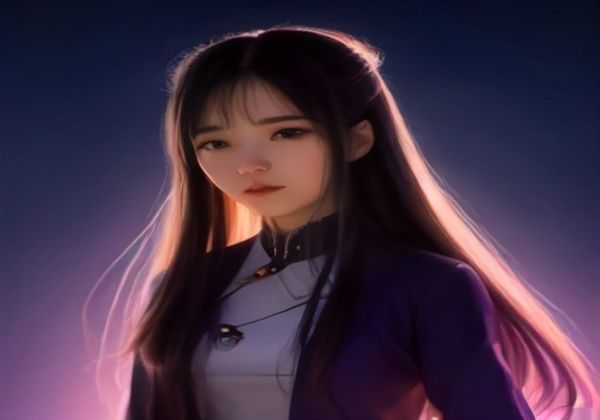 夜晚房间内一位韩国女主播坐在书桌前对着电脑摄像头微笑直播，桌上摆放环形补光灯，画面暖色调温馨